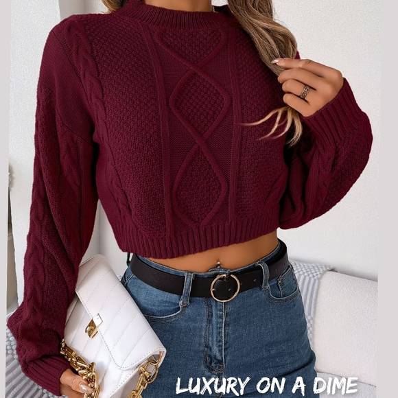 Waffle Cable Knit Crop Top Round Neck Long Sleeve Minimalist Sweater Shirt Red - Picture 4 of 9